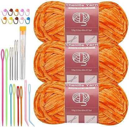 LUNARM Chenille Yarn 3 Pack 3.5oz Chunky Blanket Velvet Yarn 263 Yard by Lunarm