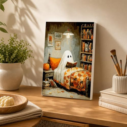 Spandrel Halloween Ghost Framed Paint by Numbers Kit for Adult, Vintage Paint by Number Kits on Canvas Ghost Reading, DIY Acrylic Oil Halloween Painting by Numbers Gifts for Home Wall Decor, 8x12in - Image 4
