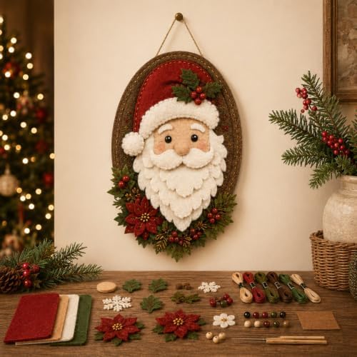 DIY Felt Santa Head Wall Decor Kit, Hanging Christmas Ornament, Fabric by Unknown