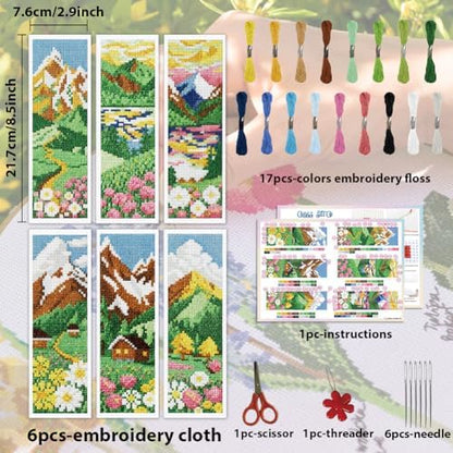 ACRNIGHEET 6PCS Cross Stitch Bookmark Kit for Beginner Stamped Cross Stitch Kits for Adults Mountain Fields DIY Embroidery Bookmark Kits Needlepoint Kit with Instructions Craft Gift 8.5''x3'' 11CT - Image 2