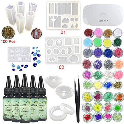 5x30ML Crystal Clear UV Epoxi Resin + Compact Portable UV Lamp 12 Jewelry Making Molds 36 Decorations Glitter Dried Flowers Glassine + Tweezers for DIY Pendants Earrings Bracelets/epoxy Coating by Unknown