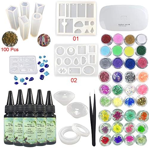 5x30ML Crystal Clear UV Epoxi Resin + Compact Portable UV Lamp 12 Jewelry Making Molds 36 Decorations Glitter Dried Flowers Glassine + Tweezers for DIY Pendants Earrings Bracelets/epoxy Coating by Unknown