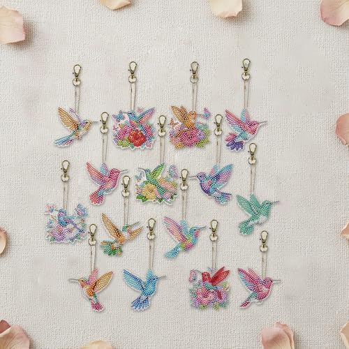 15 pcs Summer Theme Diamond Art Keychain Ornaments Double Sided 5D DIY Diamond Painting Keychain Kits for Adults Key Ring Art Pendant Decor (Hummingbird) - Image 3