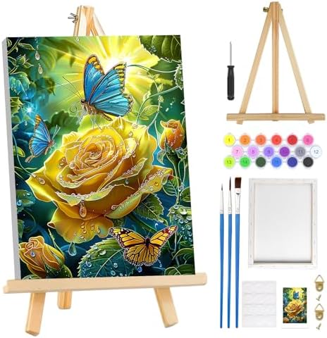 MOGTAA Paint by Numbers Kit for Adults with Frame, Rose Landscape Paint by Number Canvas, Butterfly Paint by Numbers with Easel, DIY Flowers Oil Painting Kit for Home Wall Decor 8 x 12 Inch by MOGTAADIYHomeDecor