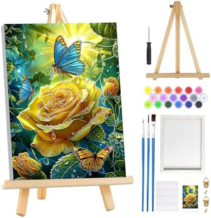 MOGTAA Paint by Numbers Kit for Adults with Frame, Rose Landscape Paint by Number Canvas, Butterfly Paint by Numbers with Easel, DIY Flowers Oil Painting Kit for Home Wall Decor 8 x 12 Inch by MOGTAADIYHomeDecor