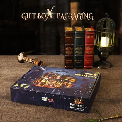 Plustopoy Miniature House Kit DIY Mini House Building Kit with LED Light, DIY Mini Dollhouse with Furniture Book Nook Kit, 3D Wooden Puzzle Wooden Bookend Shelf Insert Decro (Holo Magic City) - Image 6