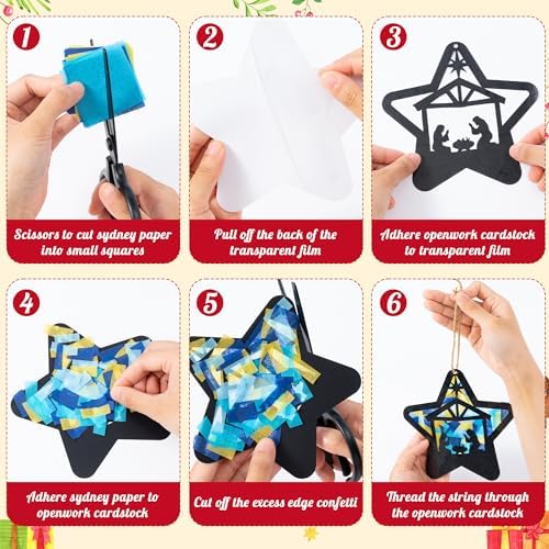 CJiangpo 24 Sets Christmas Nativity Suncatcher Paper Craft Kits, DIY Stained Glass Effect Window Ornament Rainbow Tissue Paper Art Craft for Kid Classroom Activities Christian Religious Party Decor - Image 3