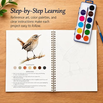 Clhjinruoliu Water Color Workbook,Animals Flowers Ocean Water Coloring Book, Nature Scenes Paint Set Art Crafts, Beginner-Friendly Watercolor Workbook, with 12 Colors Paints Set with Paint Brush,Flowe - Image 5