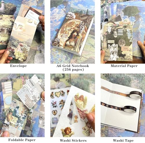 BoomTeck Vintage Aesthetic Scrapbooking Supplies, Bullet Junk Journal Kits with Scrapbook Paper, Washi Stickers, A6 Grid Notebook - DIY Craft Journaling Gift for Teen Girl Adult (Art Guide) - Image 4