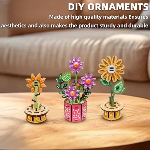 3D Wooden Flower DIY Kit with Sparkling Diamonds Layered Wood Crafts for Adults and Teens Home Decor Creative Building Project Unique Ornament Gift - Image 3