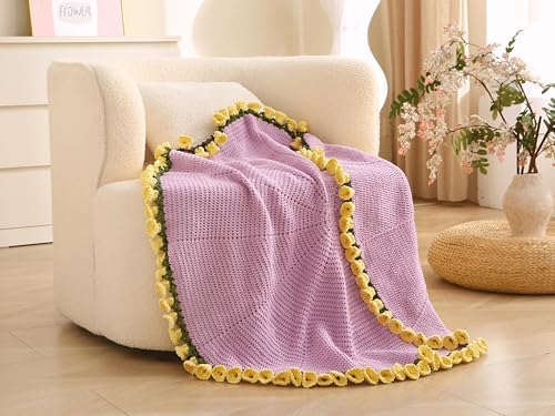 HZYZW Crochet Flower Blanket Kit for Beginners, 40'' Lily of The Valley Bouquet, Blanket Shawl Throw Kits for Adults, How to Knitting with Yarn, Home Decor Gifts for Crocheters (Purple-Yellow Lily) - Image 4