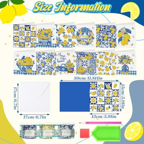 Saillong 12 Pack Lemon Diamond Painting Greeting Cards Kits Summer Capri Italy Lemon Diamond Art Cards with Envelopes Blue Yellow 5D Rhinestones Painting Making Kit for Adult DIY Craft Summer Gifts - Image 4