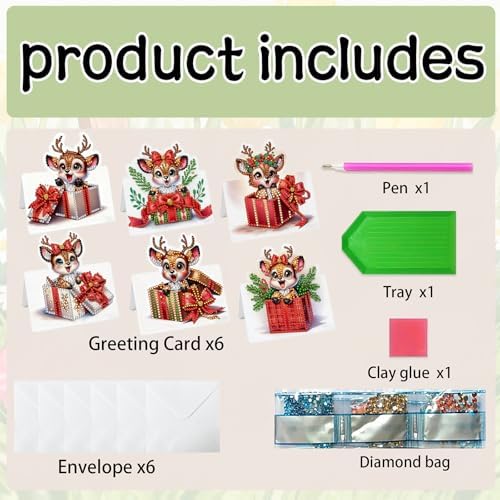 jinglinhh 6pcs Diamond Art Painting Christmas Reindeer Greeting Cards with Envelopes, DIY Card Making Kits for Adults, Diamond Art Postcards Christmas Cards Craft Gifts - Image 3