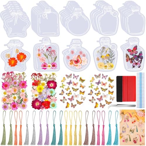 212 PCS Pressed Flower Bookmark Making Kit, DIY Clear Bottle Bookmark Kit with Dried Flower Tassel Butterflies Open Sticker Tweezer, DIY Projects Party Favor Gift for School Reading Adult Book Lovers by Jollidecor