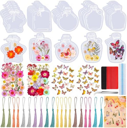 212 PCS Pressed Flower Bookmark Making Kit, DIY Clear Bottle Bookmark Kit with Dried Flower Tassel Butterflies Open Sticker Tweezer, DIY Projects Party Favor Gift for School Reading Adult Book Lovers by Jollidecor