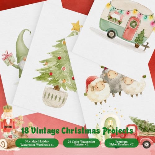 Watercolor Workbook for Beginners,18 Vintage Christmas Water Coloring Book,Relaxing & Easy to Paint Water Coloring Book with 24 Colors-Perfect for Gifting to Creativity & Joy for Adults - Image 3
