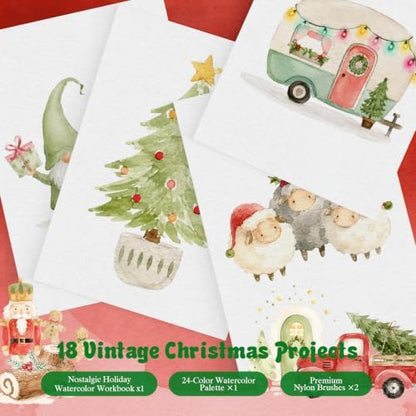 Watercolor Workbook for Beginners,18 Vintage Christmas Water Coloring Book,Relaxing & Easy to Paint Water Coloring Book with 24 Colors-Perfect for Gifting to Creativity & Joy for Adults - Image 3