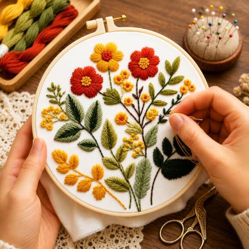 Zhenqing Floral Embroidery Kit for Beginners, Wildflower Botanical Needlework Kit with Pre-Printed Cotton Fabric, Hoop, Threads & Tools, Flower Wall Decor (C0126) - Image 3