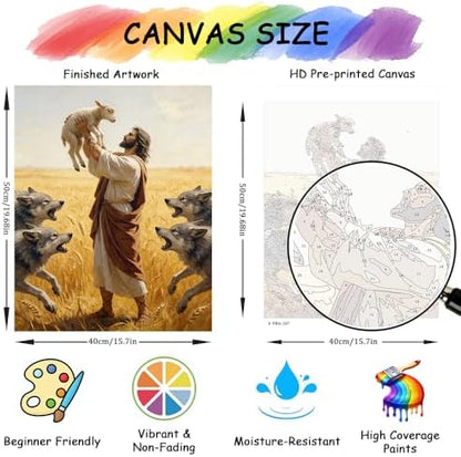 TFIAVSIN Paint by Numbers Kit for Adults, Jesus Saves the Lamb from Wolves, Inspirational Adult Paint by Number Kits, Christian Painting by Numbers Canvas, Religious DIY Arts and Crafts, 16x20 Inch - Image 4