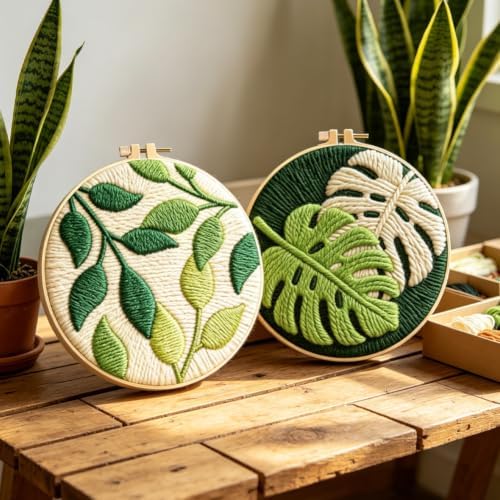 INFUNLY 2 Set Green Leaves Punch Needle Kit for Beginners Palm Leaf Punch Needle Embroidery Kits for Adults DIY Punch-Stitching Kit with Instruction Threader Needles Hoop for Wall Decor 8.7''x8.7'' - Image 4