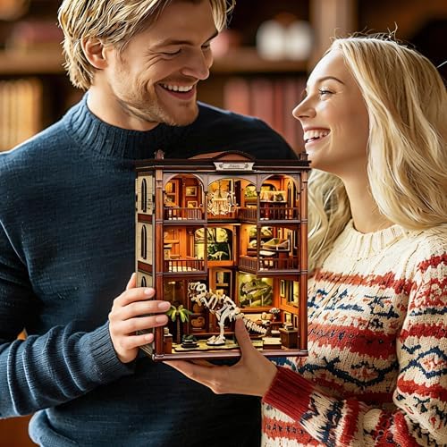 Dinosaur Museum Book Nook Kit - 3D Wooden Puzzle & DIY Miniature Dollhouse with LED Warm Light | Vintage Bookshelf Insert & Sturdy Bookends | Premium Creative Gift for Adults& Book Lovers - Image 5