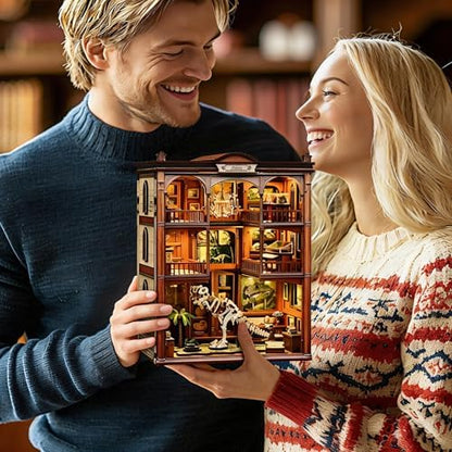 Dinosaur Museum Book Nook Kit - 3D Wooden Puzzle & DIY Miniature Dollhouse with LED Warm Light | Vintage Bookshelf Insert & Sturdy Bookends | Premium Creative Gift for Adults& Book Lovers - Image 5
