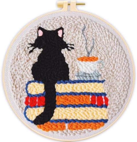 Punch Needle Kit for Beginners Adults-Cat Coffee, with Embroidery Hoop by TCDZMYGS