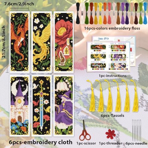 ACRNIGHEET 6PCS Cross Stitch Bookmark Kit for Beginner Fairy Tale Stamped Cross Stitch Kits Needlepoint Kit for Adults DIY Tassel Embroidery Bookmark Kits with Instructions Craft Gift 8.5"x3" 11CT - Image 2
