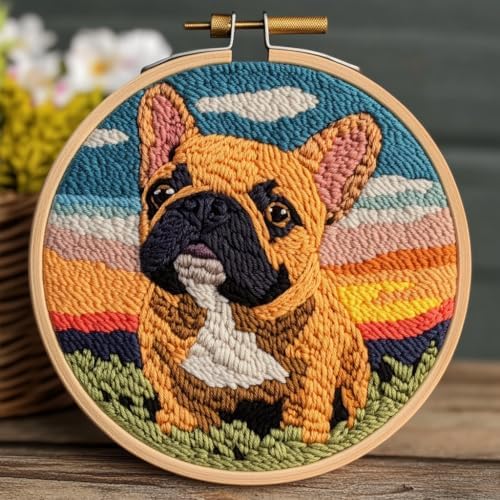 DIY Punch Needle Kits Brown French Bulldog with Sunset with Hoop 20x20cm-1 by Unknown