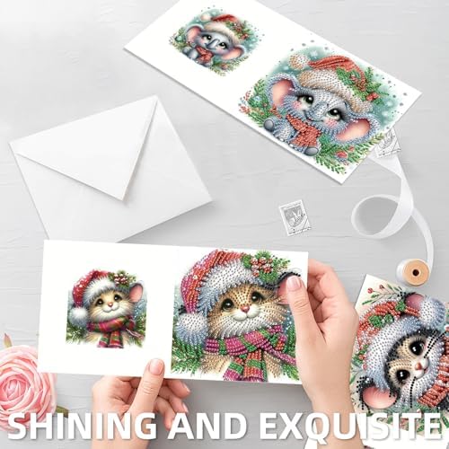 jinglinhh 6pcs Christmas Mouse Cat Donkey Koala Duck Diamond Art Painting Greeting Cards with Envelopes, DIY Card Making Kits for Adults, Diamond Art Postcards Christmas Cards Craft Gifts - Image 5