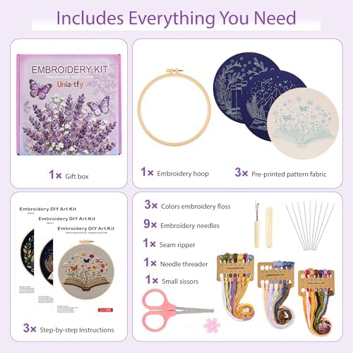 Uniartfy 3 Pack Embroidery Starter Kit, Stamped Book Flower Mountain Butterfly Cross Stitch Kits for Beginners, Needlepoint Kits Adults with Embroidery Hoop and Instructions, Hand Embroidery Kit - Image 2