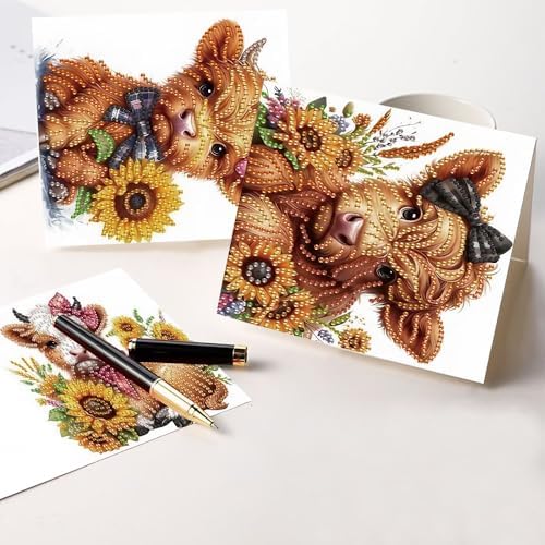 Tontut 6pcs 5D Diamond Art Painting Greeting Card Kit, Sunflower Yellow Cow Adult DIY with Envelope, Special Shape Diamond Design Greeting Card Creative Gift - Image 6
