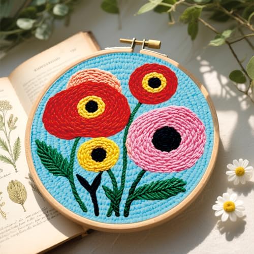 BEUNITONE 2PCS Bohemian Flower Punch Needle Kit for Adults Beginners, Complete Craft Kit Needlepoint Kits for Adults with Hoop, Punch Needle Starter Craft Set for Cloth Festival Gift and Home Decor - Image 6