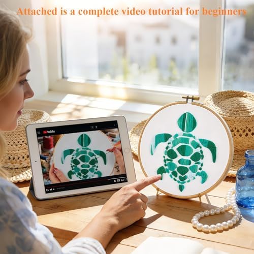 Sea Turtle Embroidery Kits for Beginners Adults, Hand DIY Embroidery Starter Kit, Stamped Cross Stitch Kits for Beginners Adult Craft Kits for Women, Entire Set of Embroidery Supplies & Video Tutorial - Image 3
