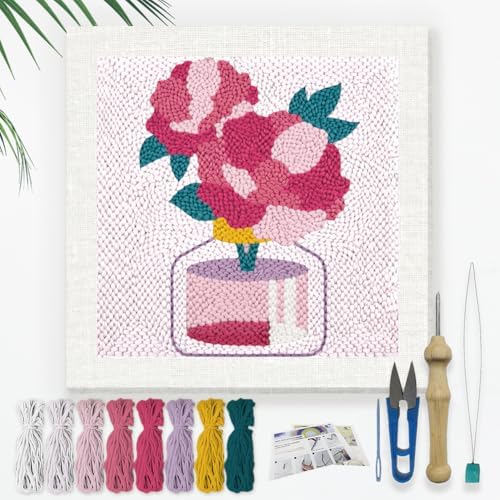 Doodlream Peonies in Vase Needle Kit for Beginner, 9.4"x 9.4" Pink Flower Punch Stitching Craft Set, DIY Embroidery Starter with Printed Frame, Instruction, Threader, Yarn, Pinch Needle by Doodlream