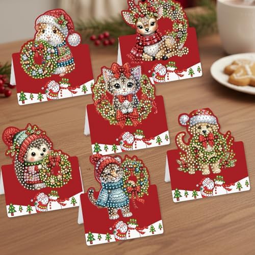 6 Pcs DIY Christmas Animal Diamond Art Painting Greeting Cards with Envelopes, Special Shaped Gem Postcards Kit for Adults, Xmas Holiday Gifts Stocking Stuffers Winter Decor (Mouse Tiger Deer Cat Dog) - Image 7