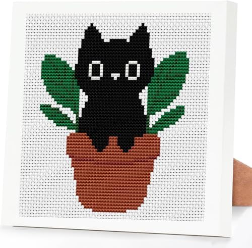 Black Cat Plants Stamped Cross Stitch Kits for Adults Beginners with Frame by DIYHomeDecor