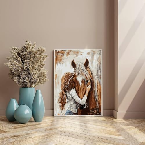 Girl Hugging Chestnut Horse Paint by Numbers Kit for Adults Beginner - Image 2