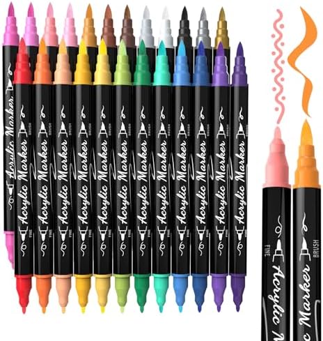 24 Colors Precision Dual Tip Acrylic Paint Markers Pens - Brush & Fine by TOSHARE