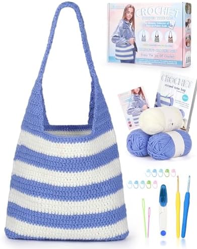 Katech Crochet Kit for Beginners w/Striped Tote Bag 3-1 Step-by-Step Guide by Katech
