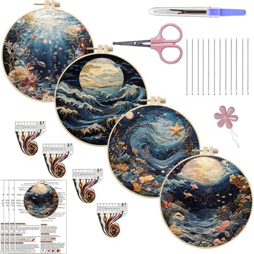 SCECALA 4 Sets Ocean Underwater Embroidery Kit, Blue Coastal Wave Themed by SCECALA