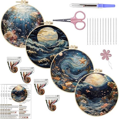 SCECALA 4 Sets Ocean Underwater Embroidery Kit, Blue Coastal Wave Themed by SCECALA