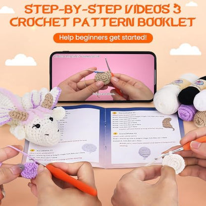 Crochet Kit for Beginners, Beginner Crochet Kit for Adults with Step-by-Step Video Tutorials, DIY Crochet Animal Kits Knitting Supplies, Purple Dragon (40%+ Yarn) - Image 2
