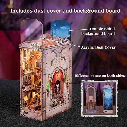 Tonecheer DIY Book Nook Kit for Adults, Double-Sided Booknook Wooden 3D Puzzle Bookend Miniature House Kit, Fantasy Bookshelf Decor with Dust Cover and LED Light for Birthday Gifts (Monster Carnival) - Image 3