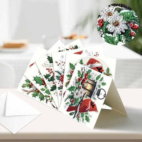 6pcs Christmas Diamond Painting Greeting Card with envelopes, DIY Red Bird Northern Cardinal Diamond Art Greeting Card for Blessing and Wish Special Shaped Arts Crafts for Birthday Thanksgiving Day - Image 4