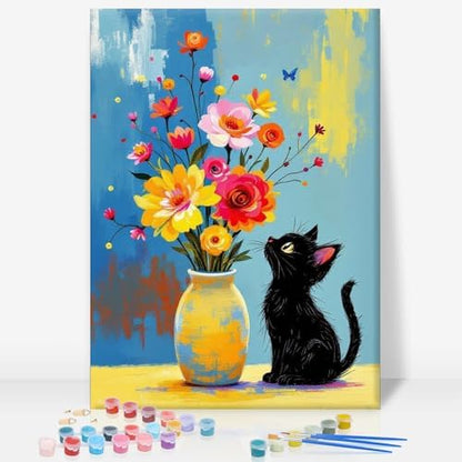 Framed Paint by Numbers Kit for Adults, Black Cat & Flowers, 8 x 12 Inch by GEEHEIY
