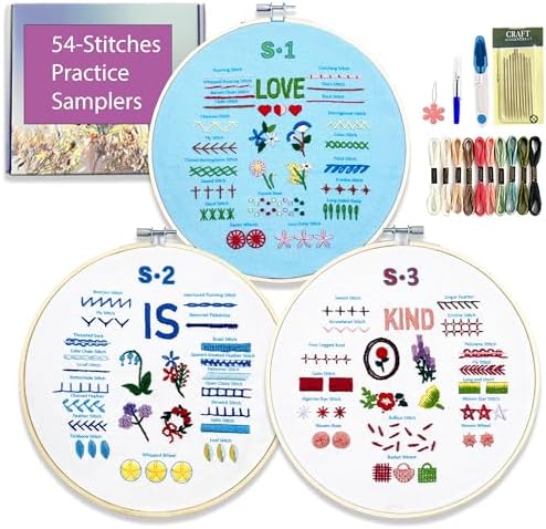 Sutesloly Embroidery Kit for Beginners Adults, 3 Sets Learn to Floral Patterns Simple Starter kit for Beginners, 54 Stitches Easy Practice Kit, 7.8inch Hoop, Hand DIY Craft Gift for Women by Unknown