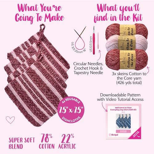 KnitPal Dishcloth Knitting Kit for Beginners (Cherry Red + Blush Pink) - Image 3