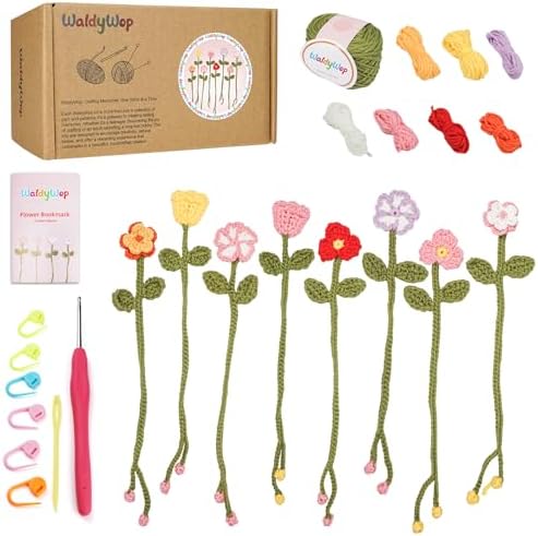 WaldyWop Crochet Kit for Beginners: 8 Flower Bookmarks Knitting Kit w/Video by WaldyWop