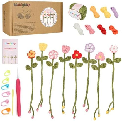 WaldyWop Crochet Kit for Beginners: 8 Flower Bookmarks Knitting Kit w/Video by WaldyWop
